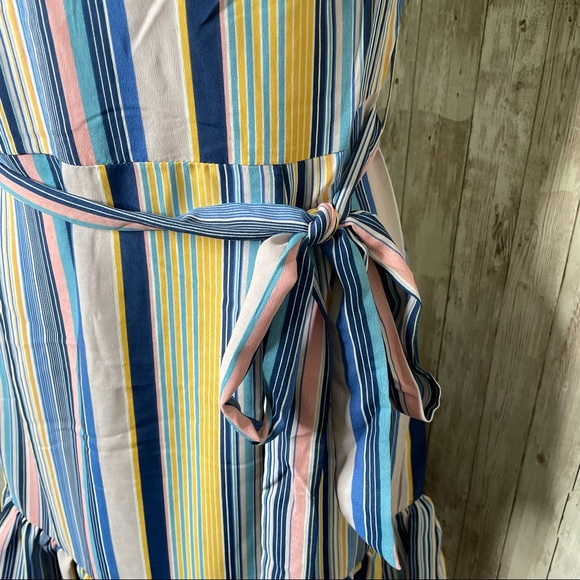Shop 17 Wrap Tie Waist Dress Striped Ruffled Colorful Mini Summer Dress Size L - Picture 6 of 11